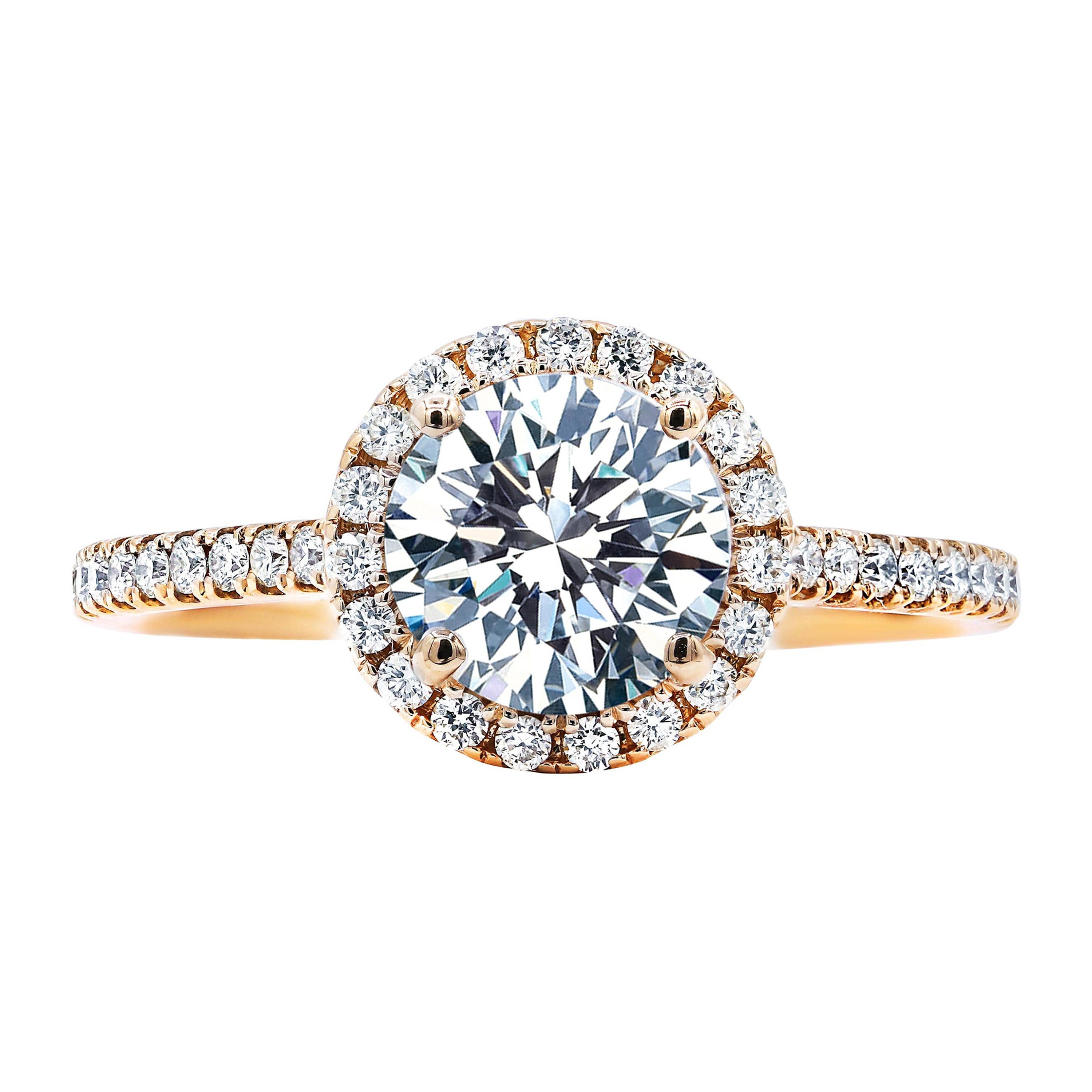 18 Karat Rose Gold Halo Engagement Ring with 1.55 Carat & 0.38 Cts Round Diamond For Sale