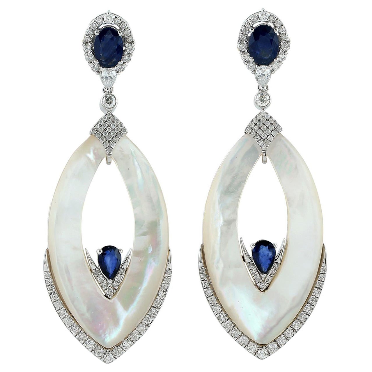 Ornamental Marquise Shaped Pearl Earrings With Blue Sapphire & Diamonds For Sale