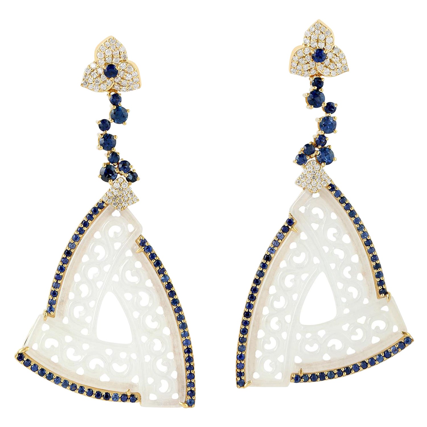 Carved Trillion Shaped White Jade Dangle Earrings with Round Cut Blue Sapphire For Sale