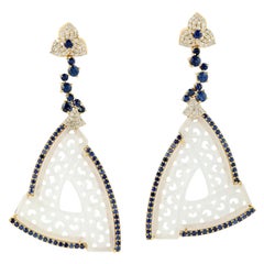 Carved Trillion Shaped White Jade Dangle Earrings with Round Cut Blue Sapphire