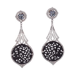 Carved Jade & Black Spinel Earring With Diamonds Made In 18k Gold & Silver