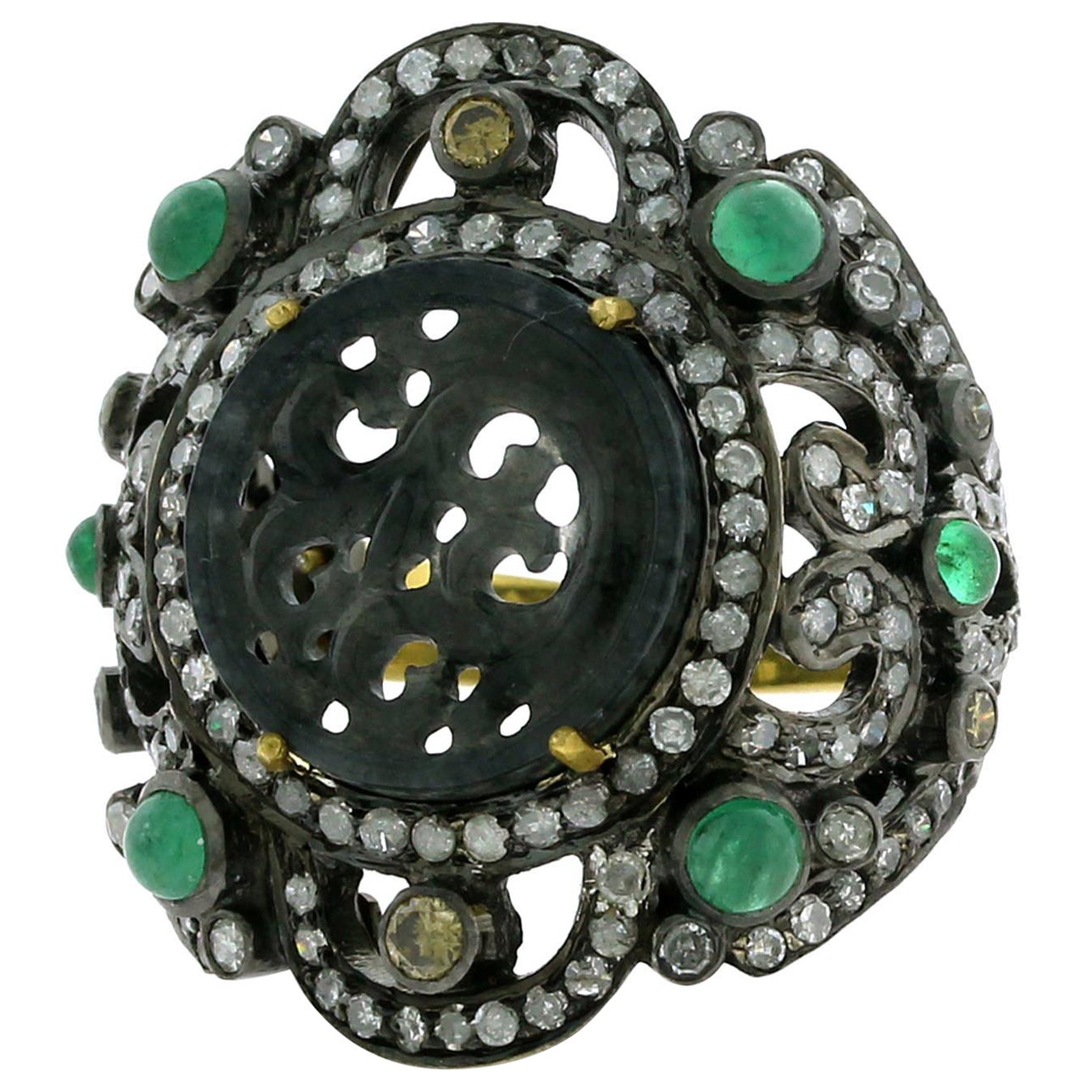 Carved Jade Cocktail Ring with Emerald & Pave Diamond Made in Gold & Silver For Sale