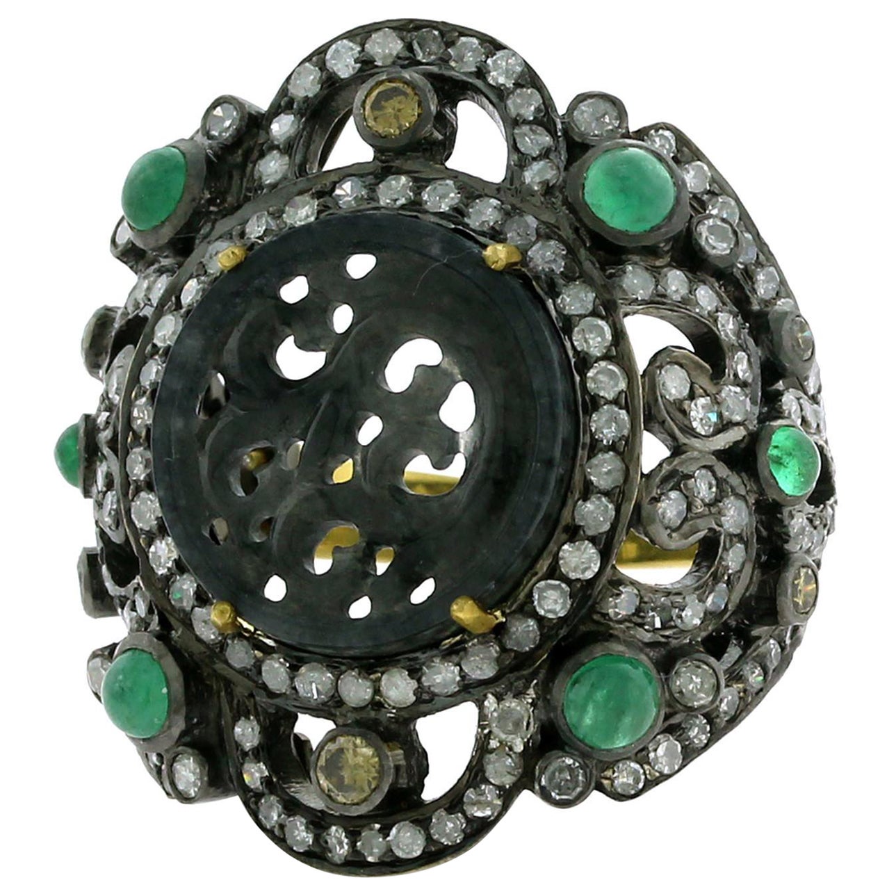 Geschnitzter Jade-Cocktailring mit Smaragd und Pavé-Diamant aus Gold und Silber