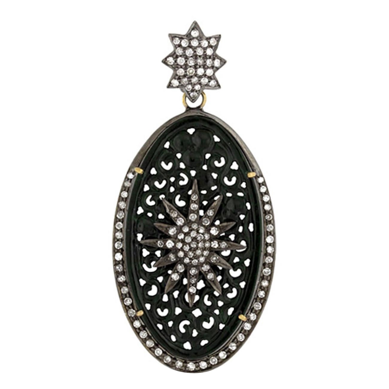 Carved Jade Pendant with Pave Diamonds Made in 18k Gold & Silver For Sale