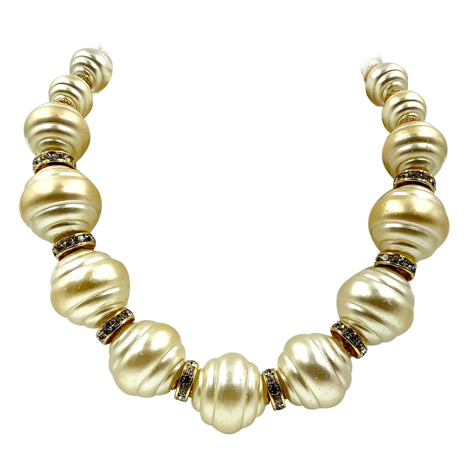 Vintage Valentino Oversize Faux Pearl Graduated Necklace Crystal Accents, 1980's For Sale