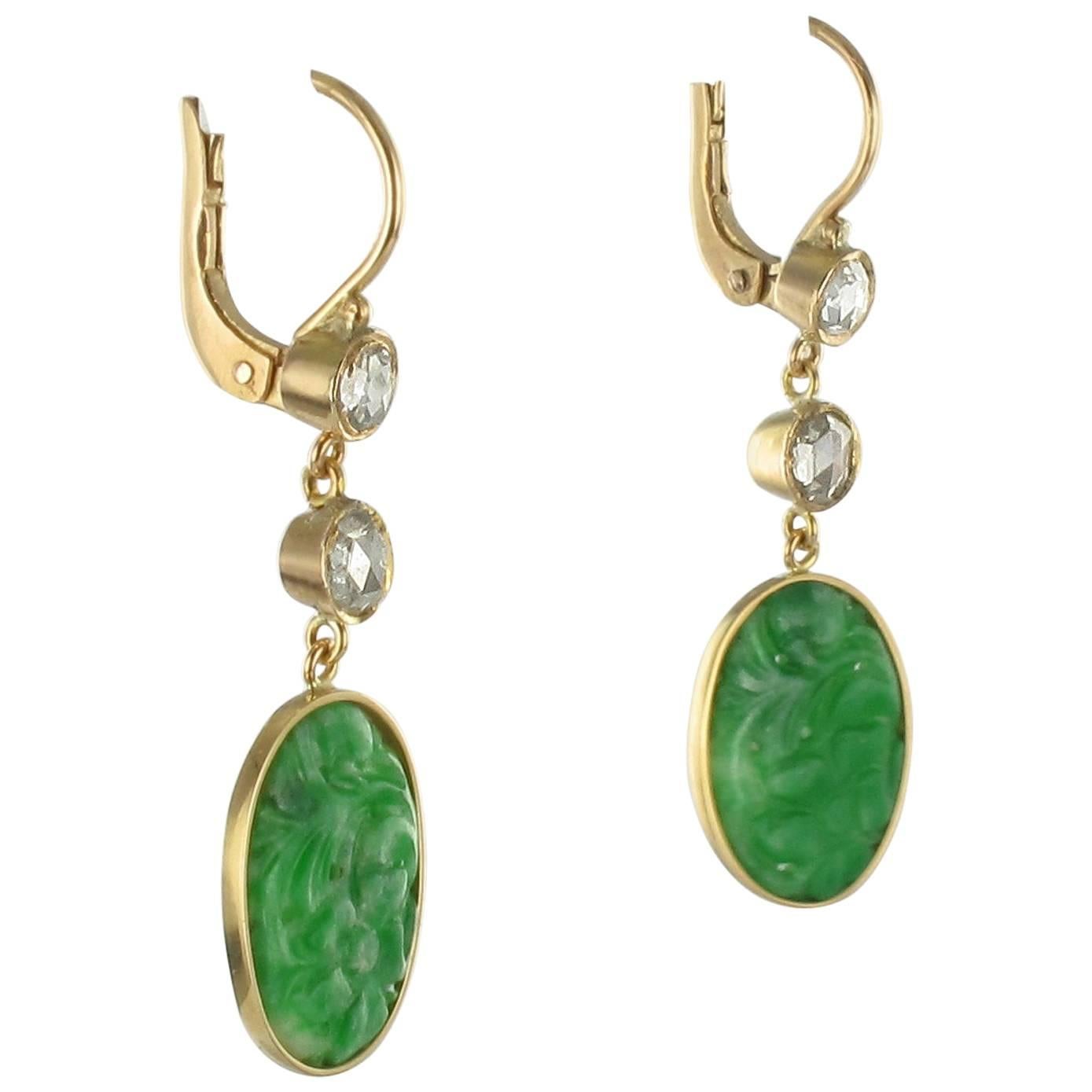 Antique Jade Diamond Gold Earrings 