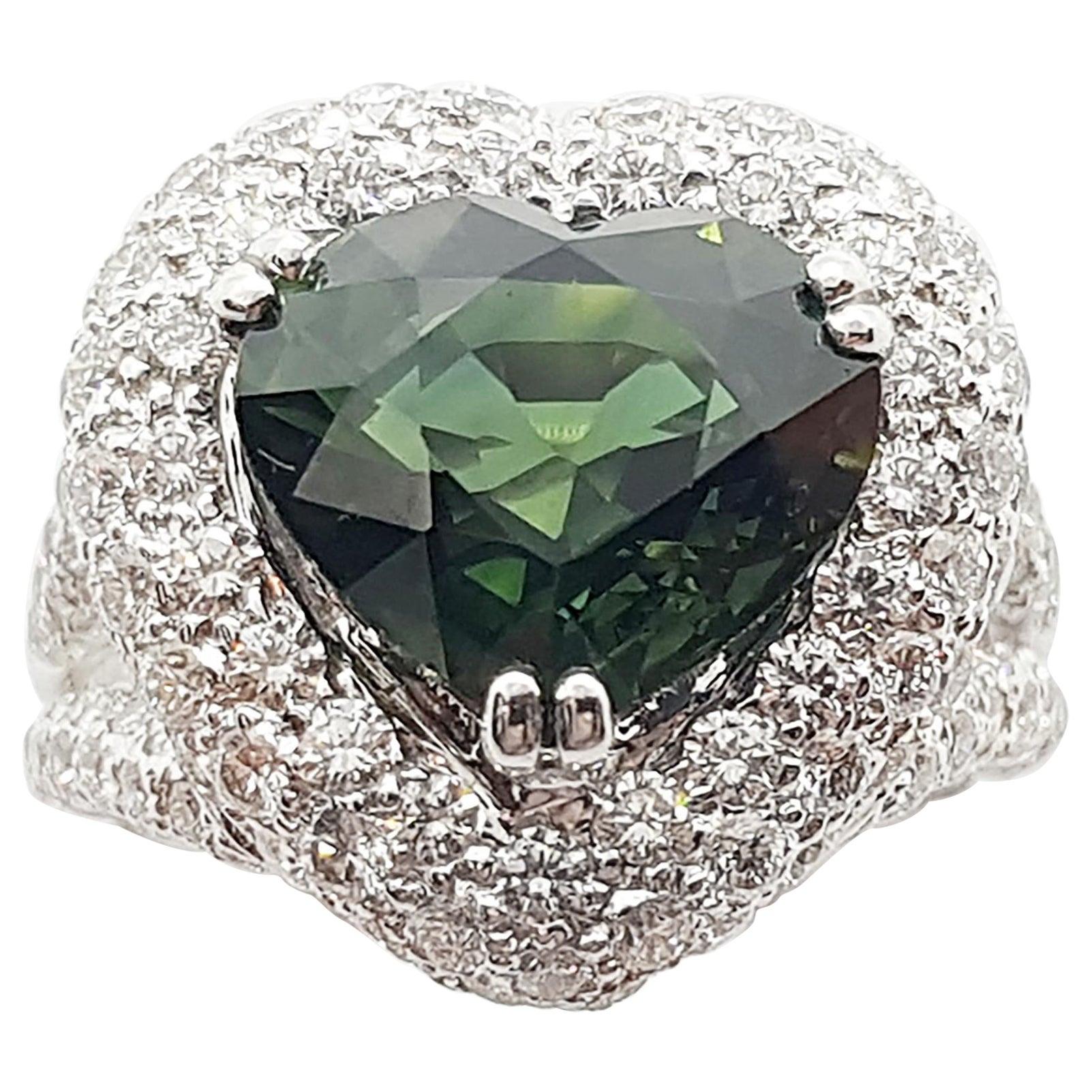 Heart Shape Green Sapphire with Diamond Ring Set in 18 Karat White Gold Settings