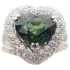 Heart Shape Green Sapphire with Diamond Ring Set in 18 Karat White Gold Settings
