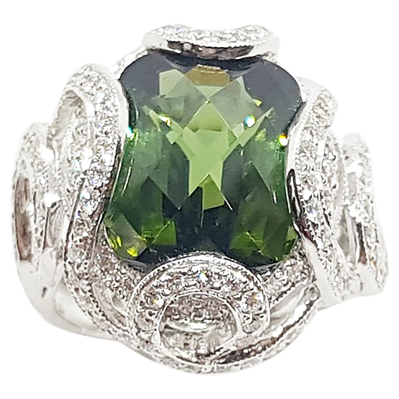 Green Tourmaline with Diamond Ring Set in 18 Karat White Gold Settings
