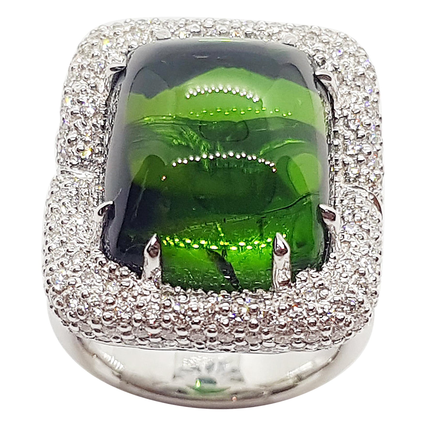 Cabochon Green Tourmaline with Diamond Ring Set in 18 Karat White Gold Settings For Sale