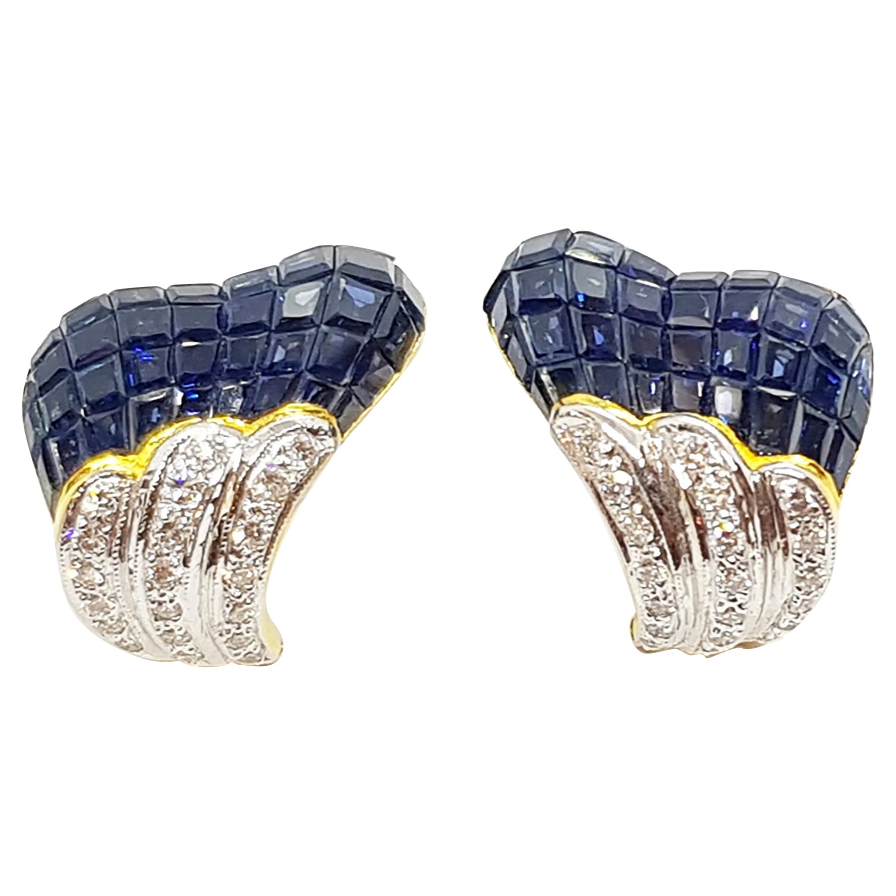 Ohrringe mit blauem Saphir und Diamanten in 18 Karat Goldfassungen gefasst im Angebot