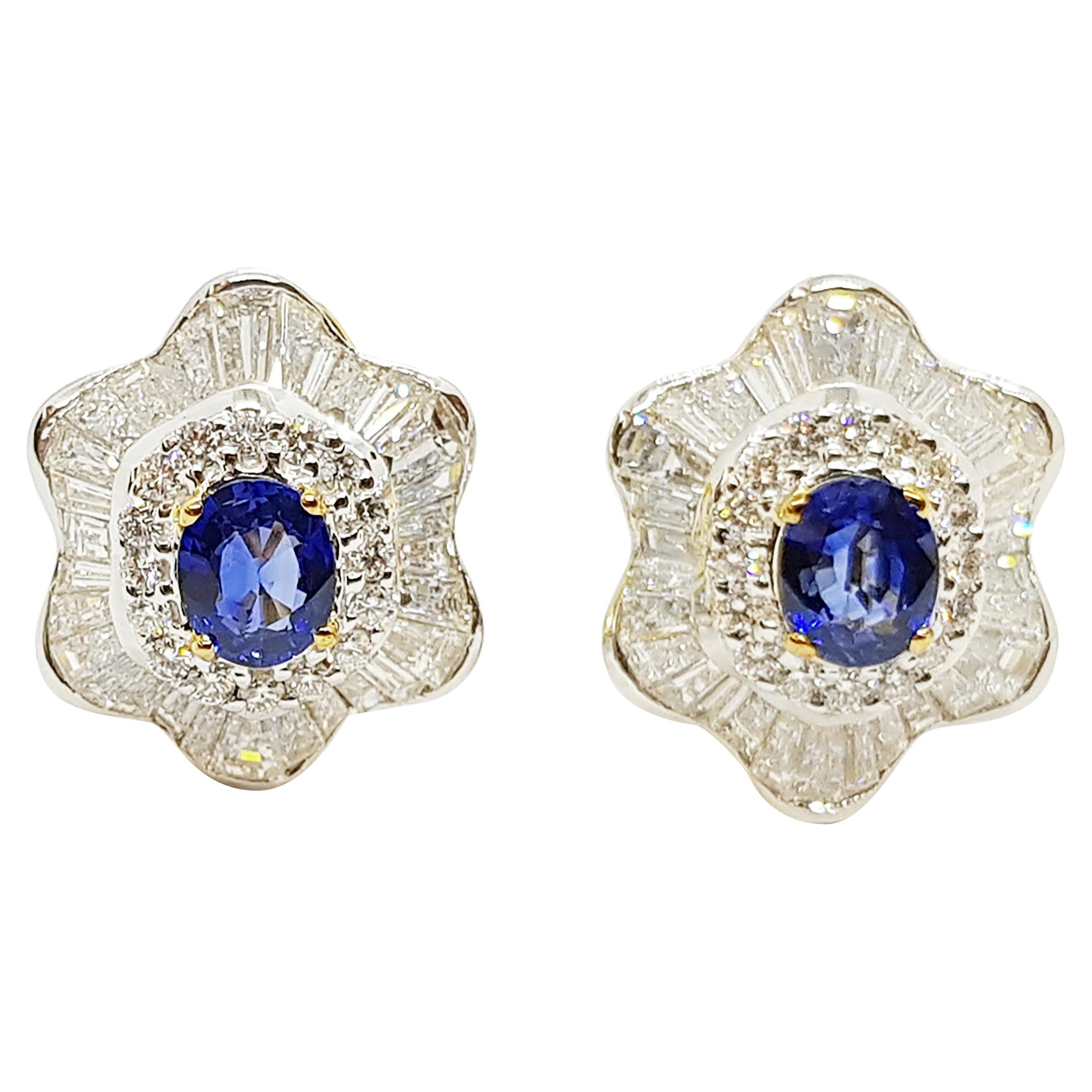 Blue Sapphire with Diamond Earrings set in 18 Karat Gold Settings For Sale