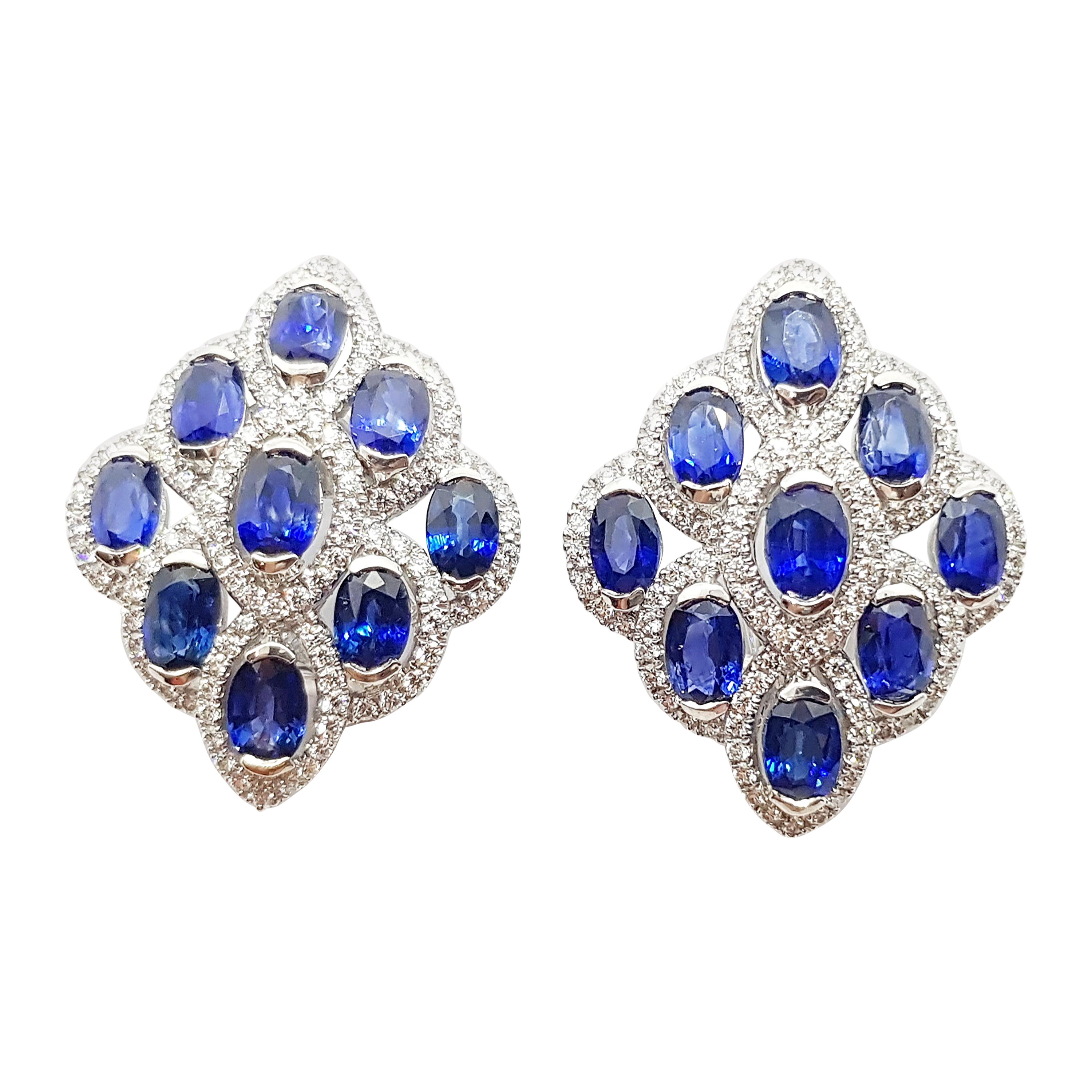 Blue Sapphire with Diamond Earrings set in 18 Karat White Gold Settings For Sale