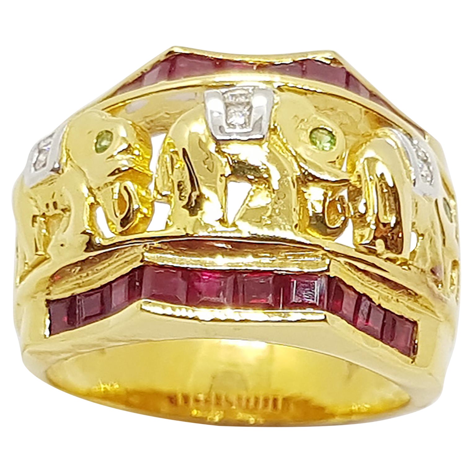 Ruby with Tsavorite and Diamond Elephant Ring Set in 18 Karat Gold Settings