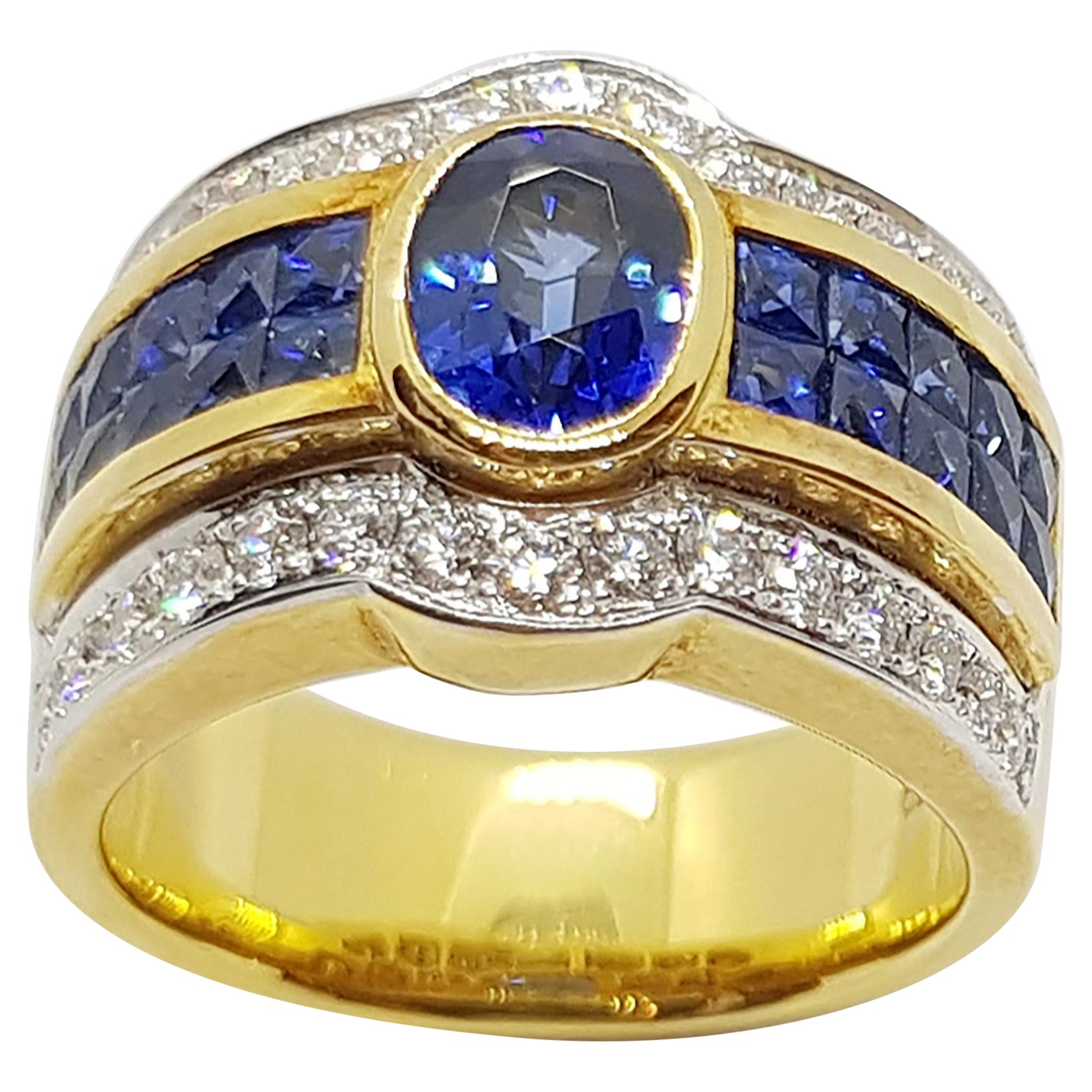 Blue Sapphire with Diamond and Blue Sapphire Ring Set in 18 Karat Gold Settings For Sale