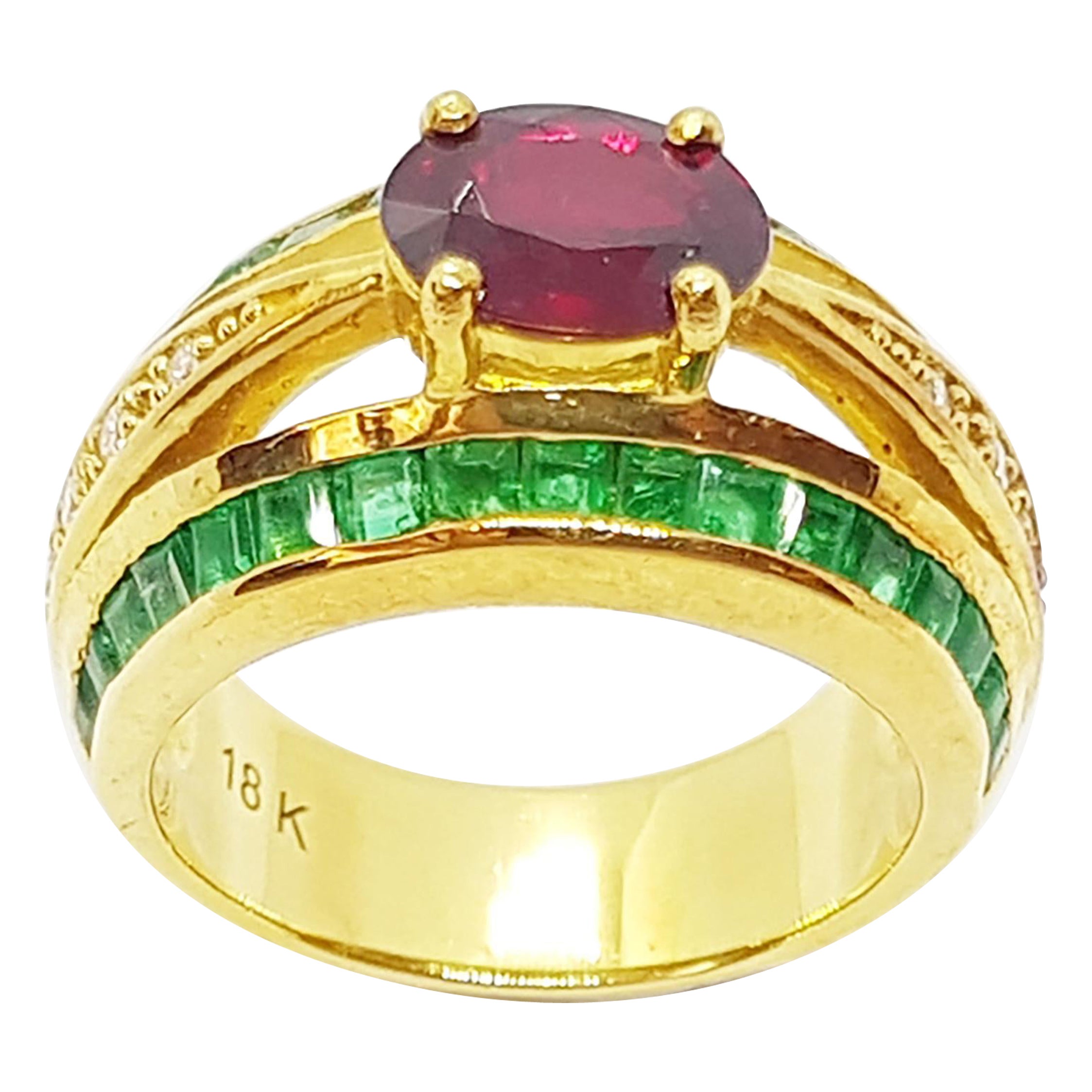 Ruby with Emerald and Diamond Ring Set in 18 Karat Gold Settings For Sale