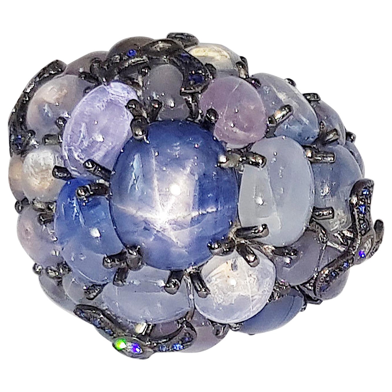 Blue Star Sapphire with Blue Sapphire with Diamond Ring in 18 Karat White Gold For Sale