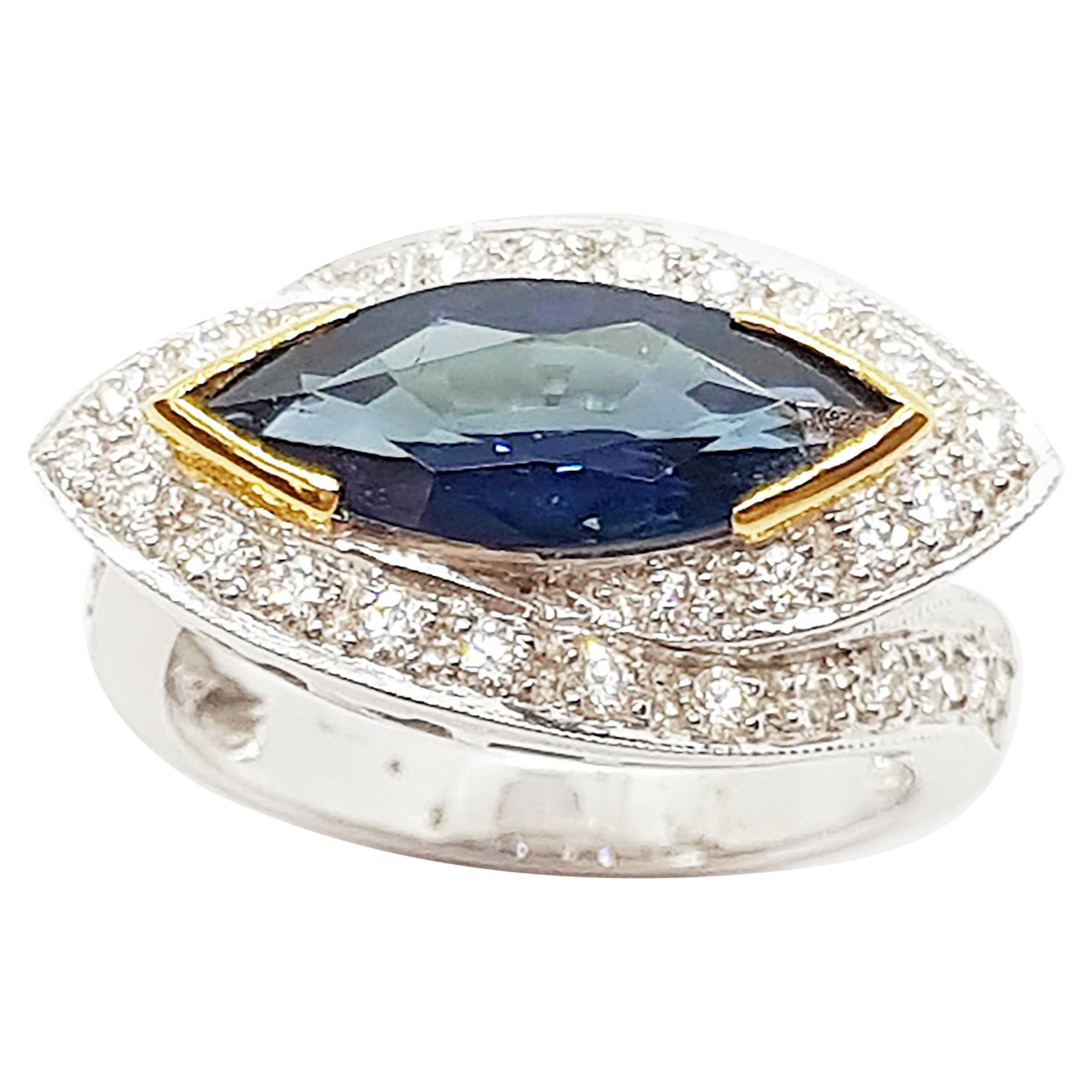 Marquise Blue Sapphire with Diamond Ring Set in 18 Karat White Gold Settings For Sale