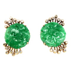 Carved Jadeite Disc Earclips in 18 Karat Yellow Gold with Diamonds