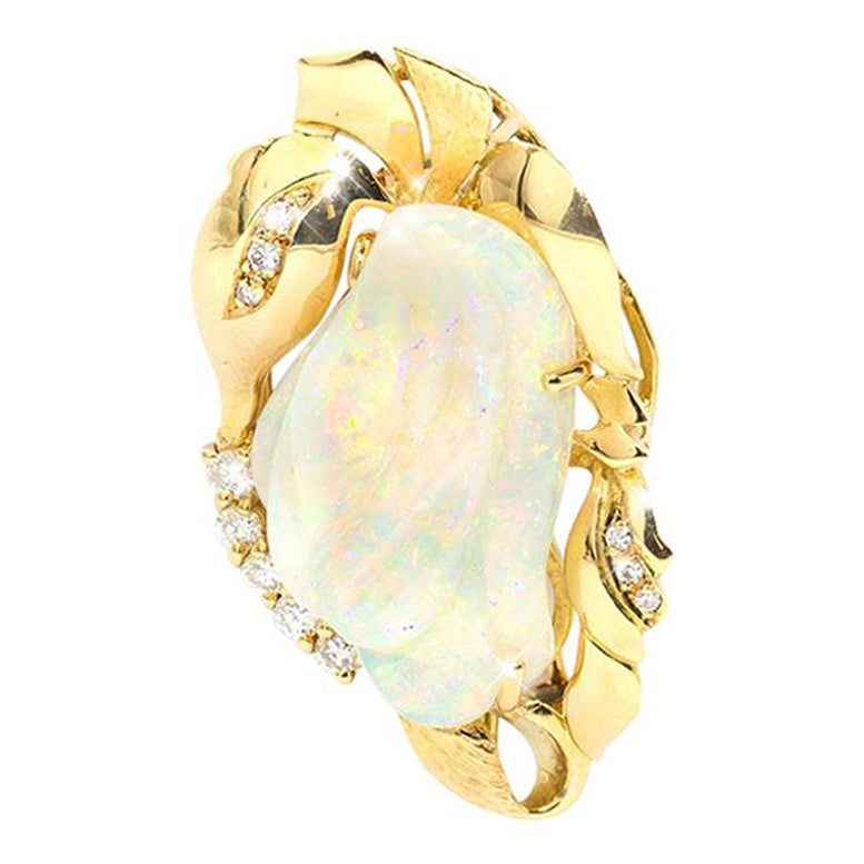 9.6 Carat Solid Australian Carved Opal and Diamond 18 Carat Gold Pendant Brooch For Sale