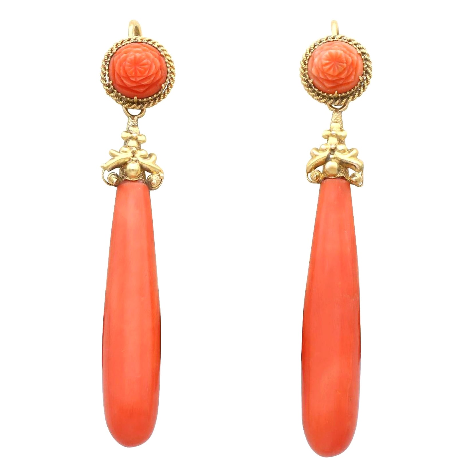 Antique Coral and 20k Yellow Gold Drop Earrings, circa 1830