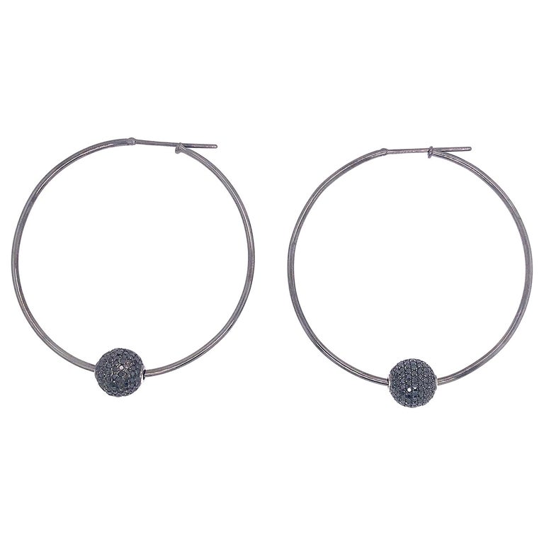Hoop Earring With Pave Black Diamond Ball In 18k Gold For Sale at 1stDibs