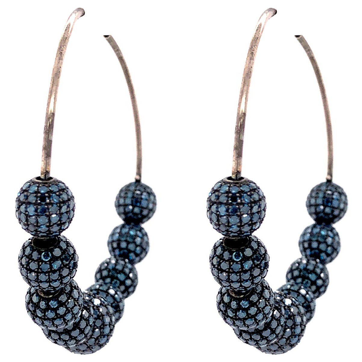 Fancy Blue Pave Diamonds Balls Hoop Earrings Made in Silver For Sale