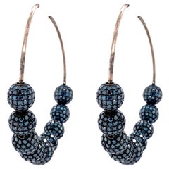 Fancy Blue Pave Diamonds Balls Hoop Earrings Made in Silver