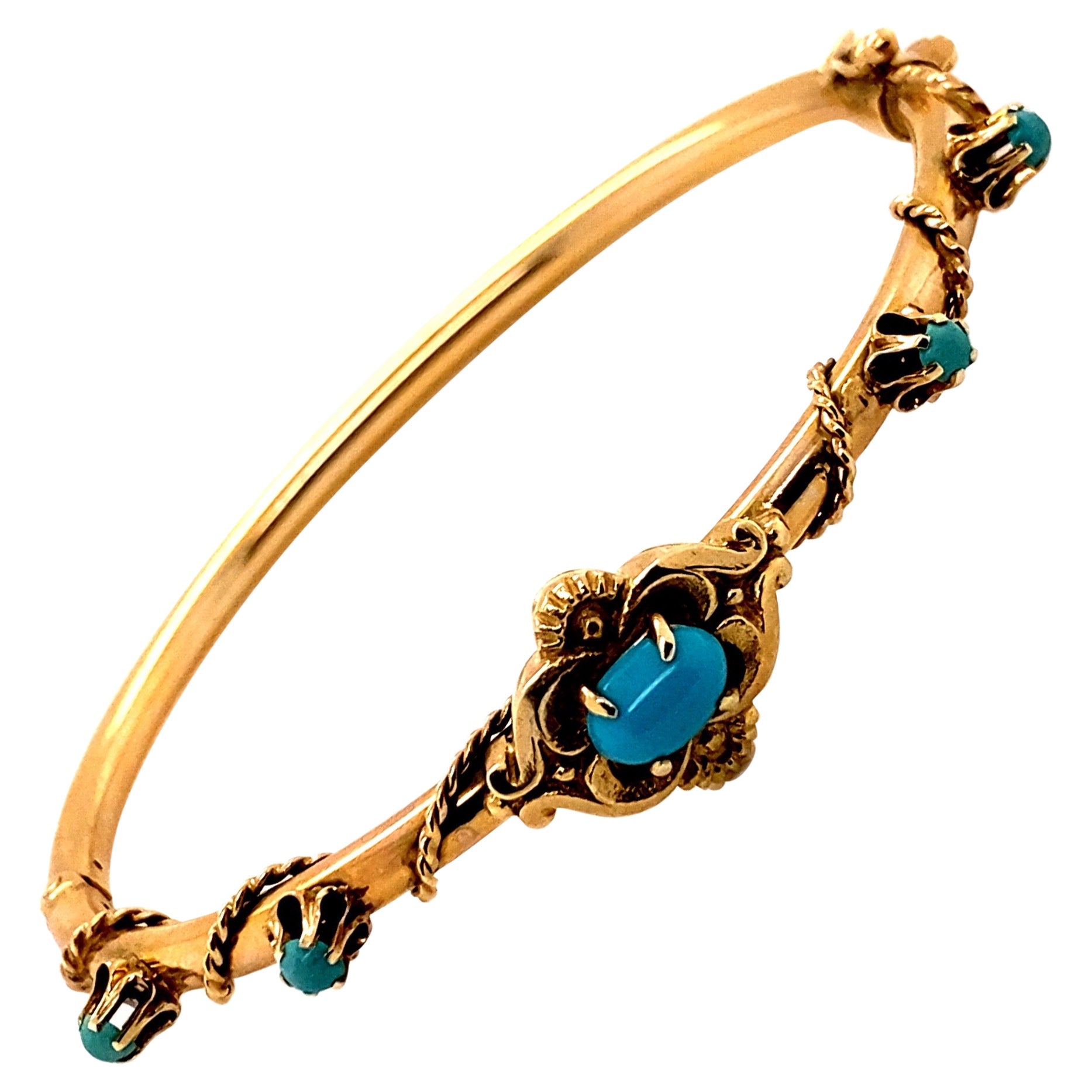 14K Yellow Gold Victorian Reproduction Bangle Bracelet with Turquoise For Sale
