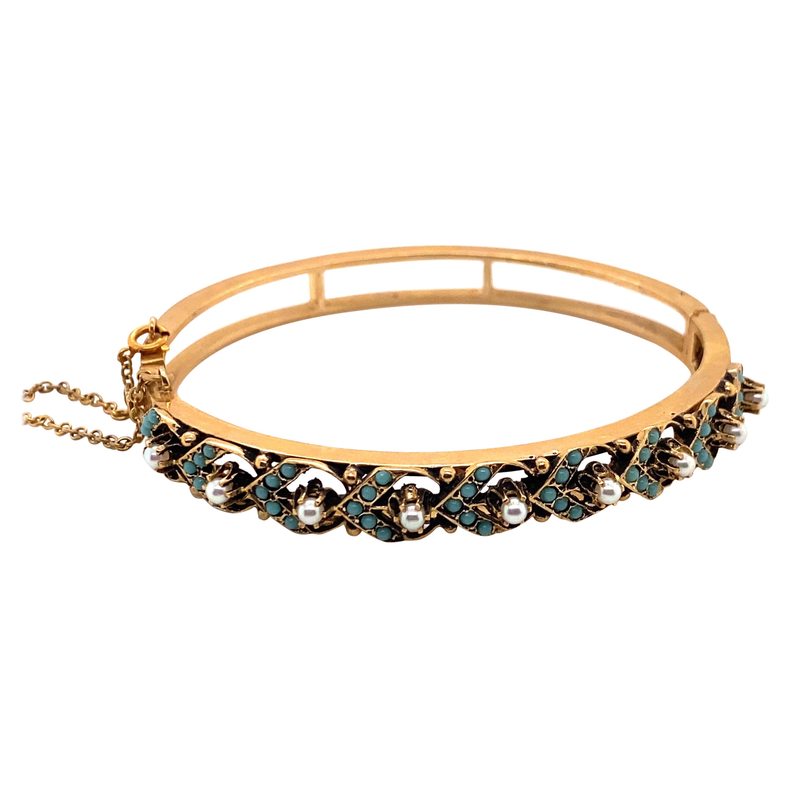 Bracelet jonc vintage en or jaune 14 carats avec turquoises et perles