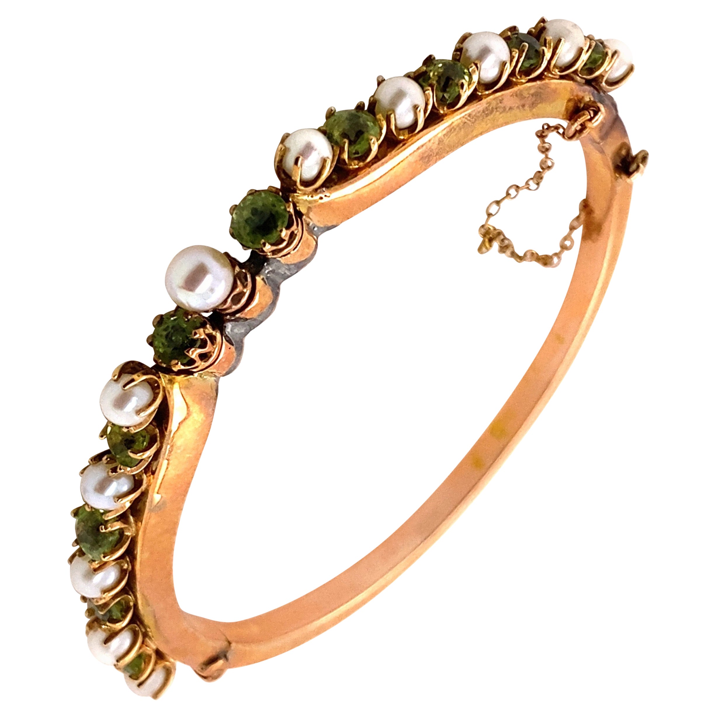 Vintage 14K Rose Gold Pearl and Peridot Bangle Bracelet For Sale