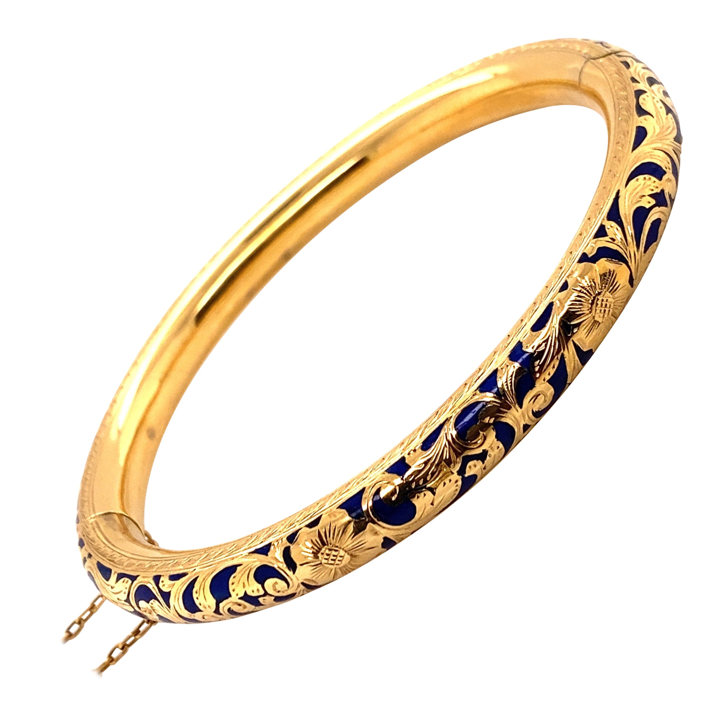 Vintage 18K Yellow Gold Floral Bangle with Blue Enamel For Sale