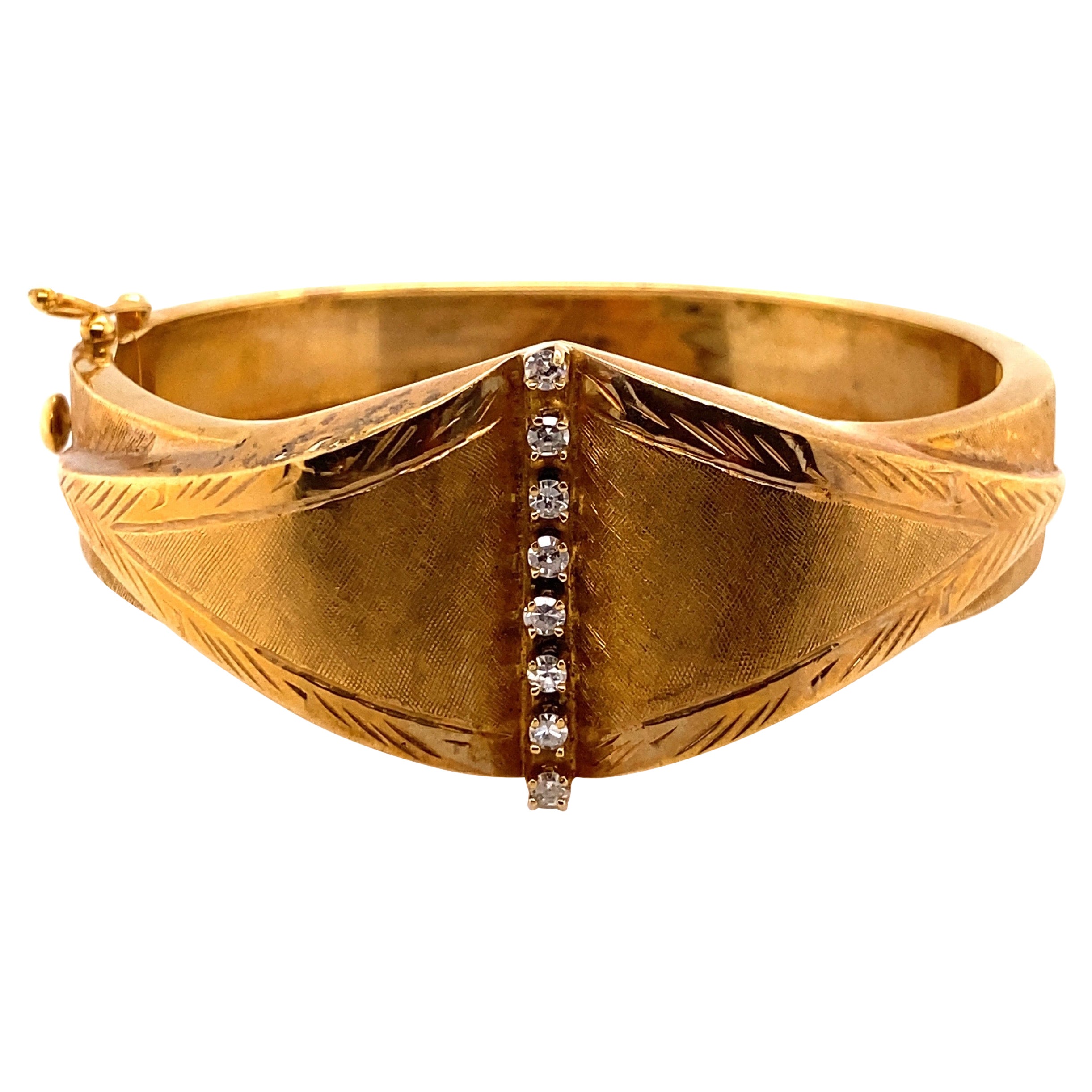 Vintage 14K Yellow Gold Bangle Bracelet with Diamonds For Sale