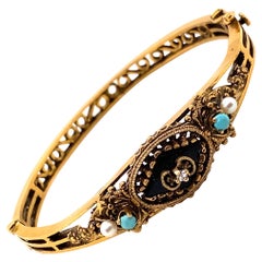 Bracelet jonc de reproduction victorien vintage en onyx, turquoise et perles