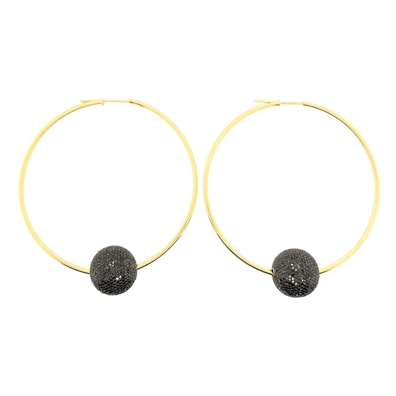 Black Diamond Ball Hoop Earrings Made in 18k Gold For Sale