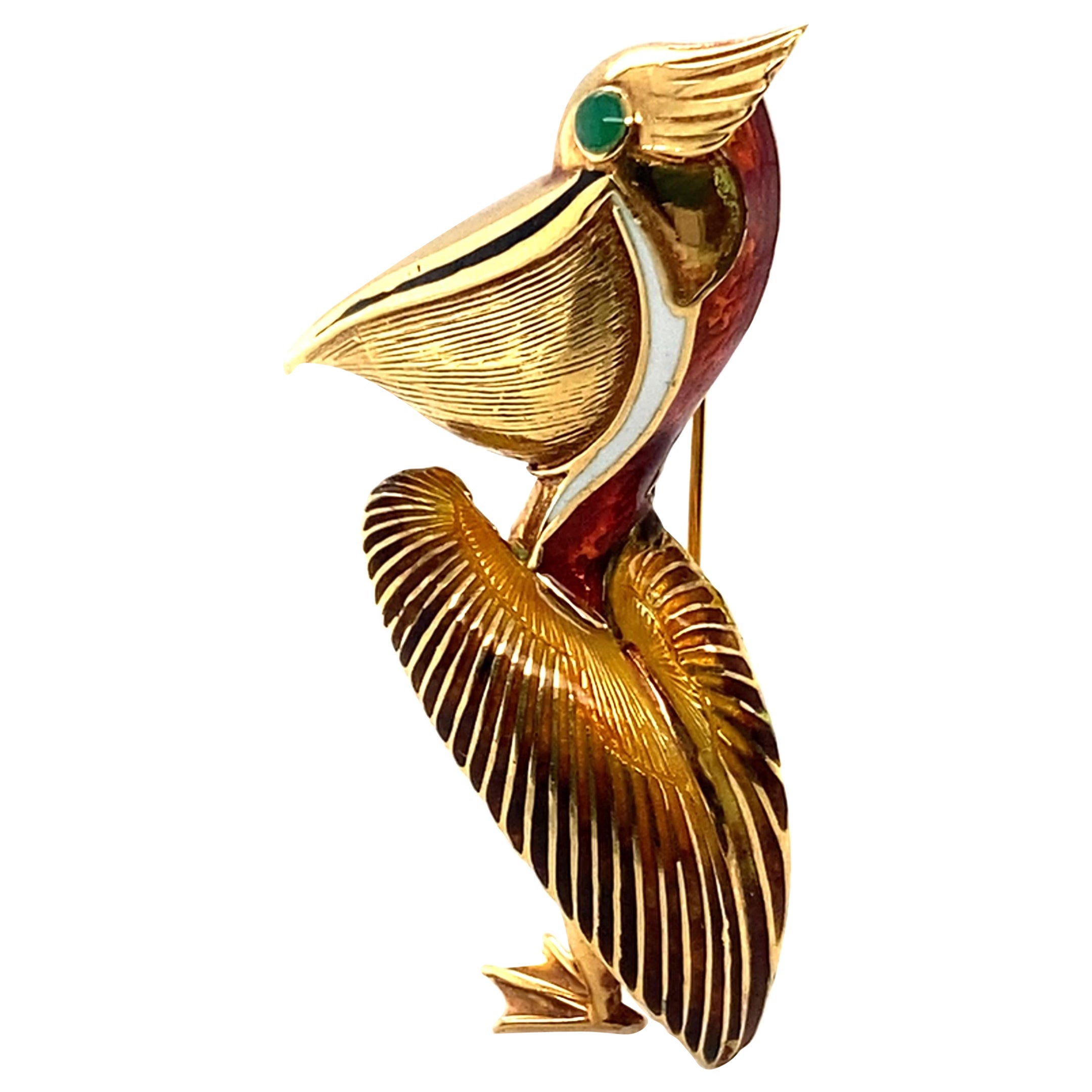 1970s Pelican Pin with Enamel and Cabochon Eye in 18 Karat Yellow Gold  For Sale