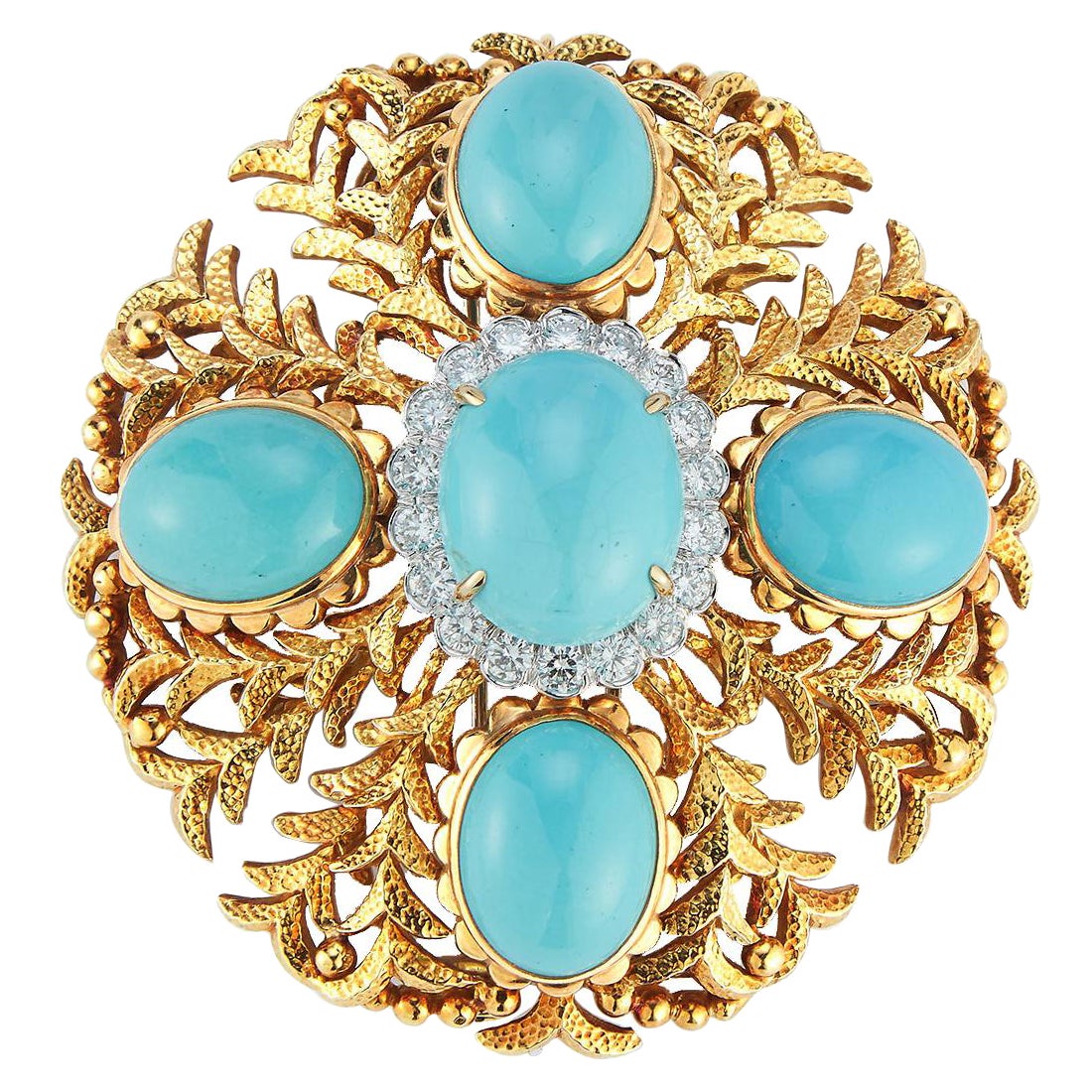 David Webb Broche grande taille turquoise cabochon et diamants