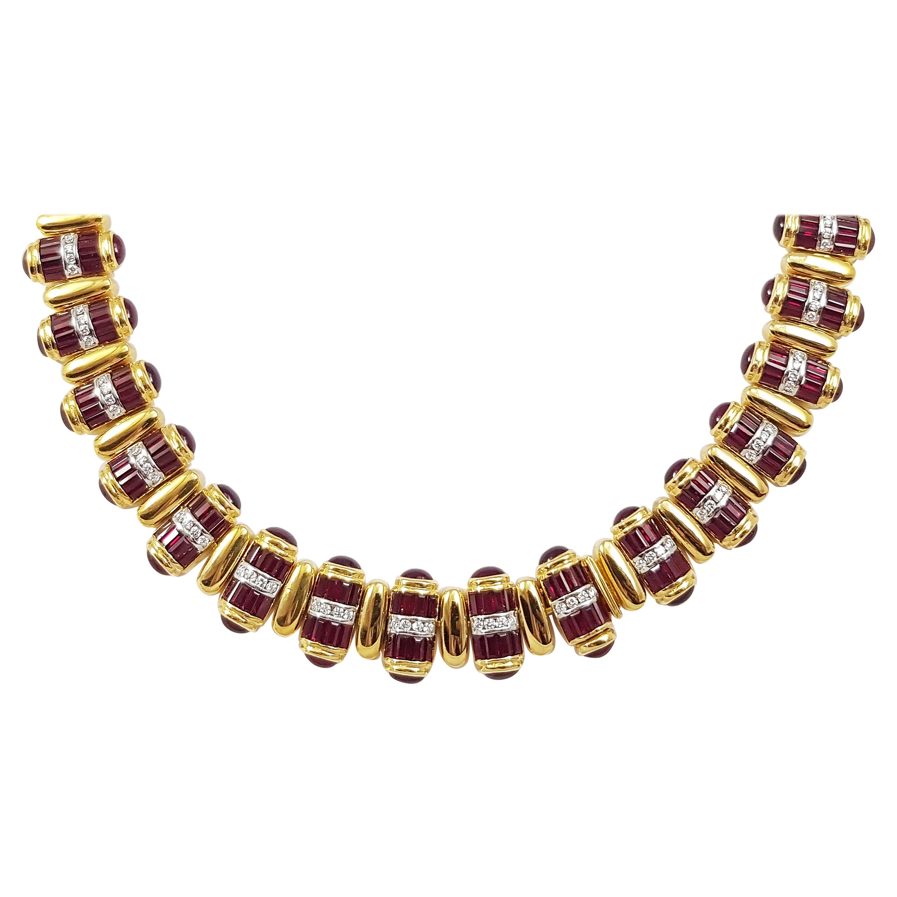 Ruby with Cabochon Ruby and Diamond Necklace Set in 18 Karat Gold Settings For Sale