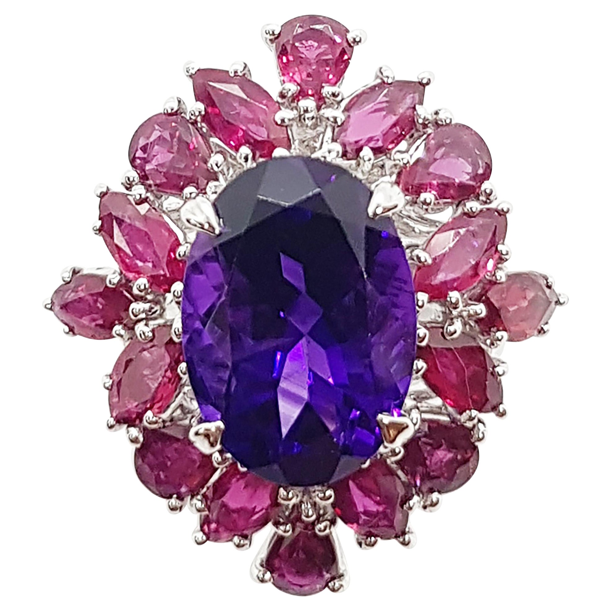 Amethyst with Ruby Ring Set in 18 Karat White Gold Settings For Sale