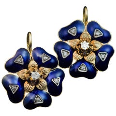 Antique Victorian Enamel Diamond Gold Earrings