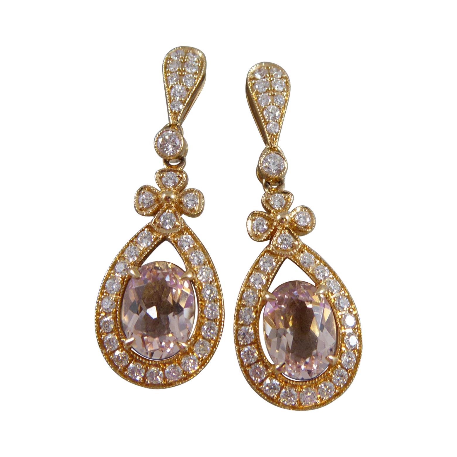 Pre-Owned Drop Earrings Set with Pear Shaped Morganite in Rose Gold For Sale