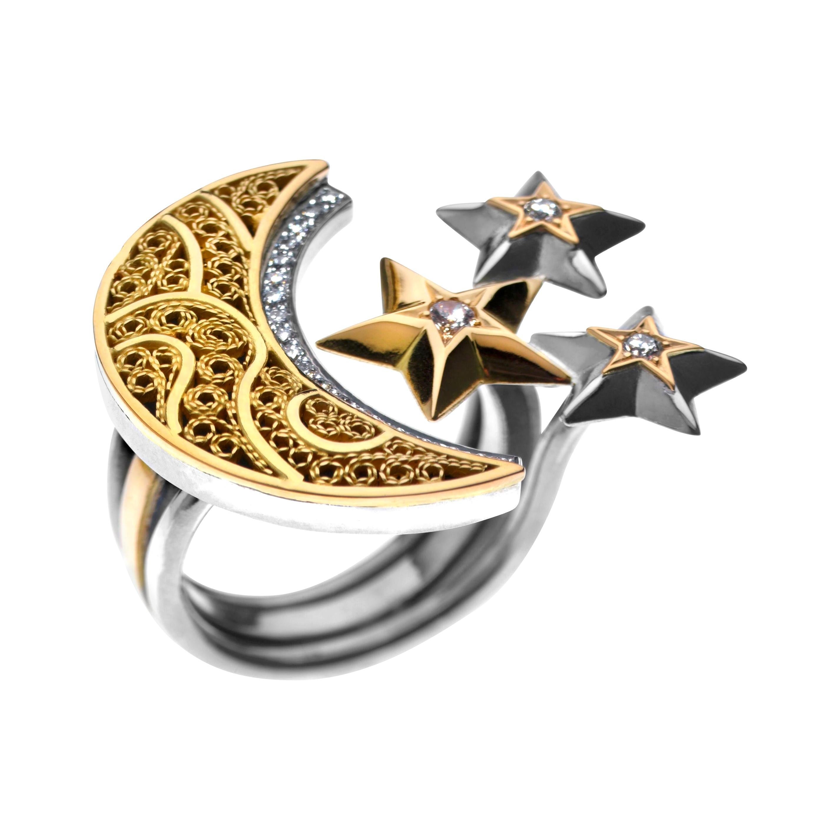 For Sale:  18 Karat Gold, Sterling Silver and Diamond Filigree Crescent Moon and Stars Ring
