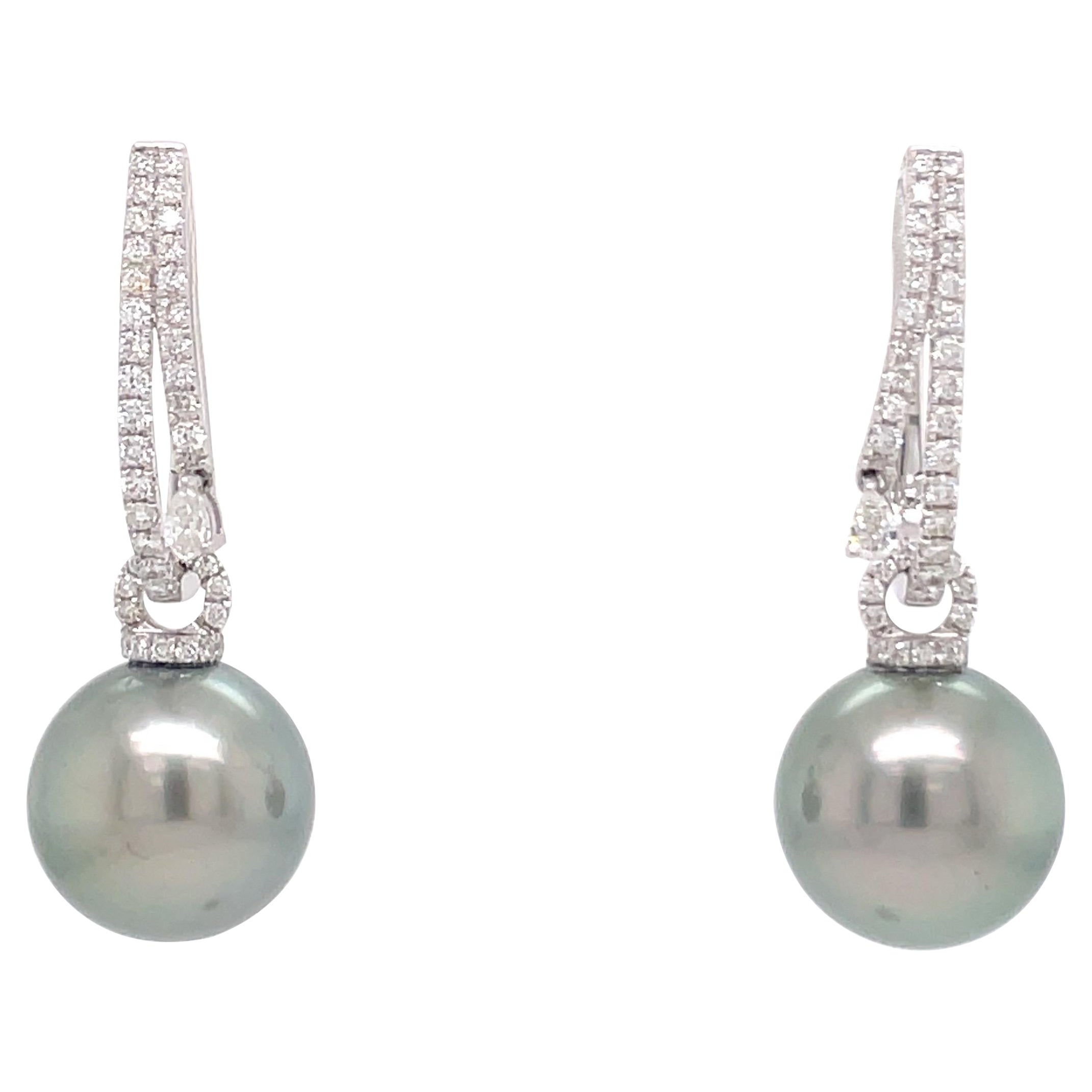 Double Hoop Illusion with Hanging Pear Shape Diamond and Pearl Earring For Sale