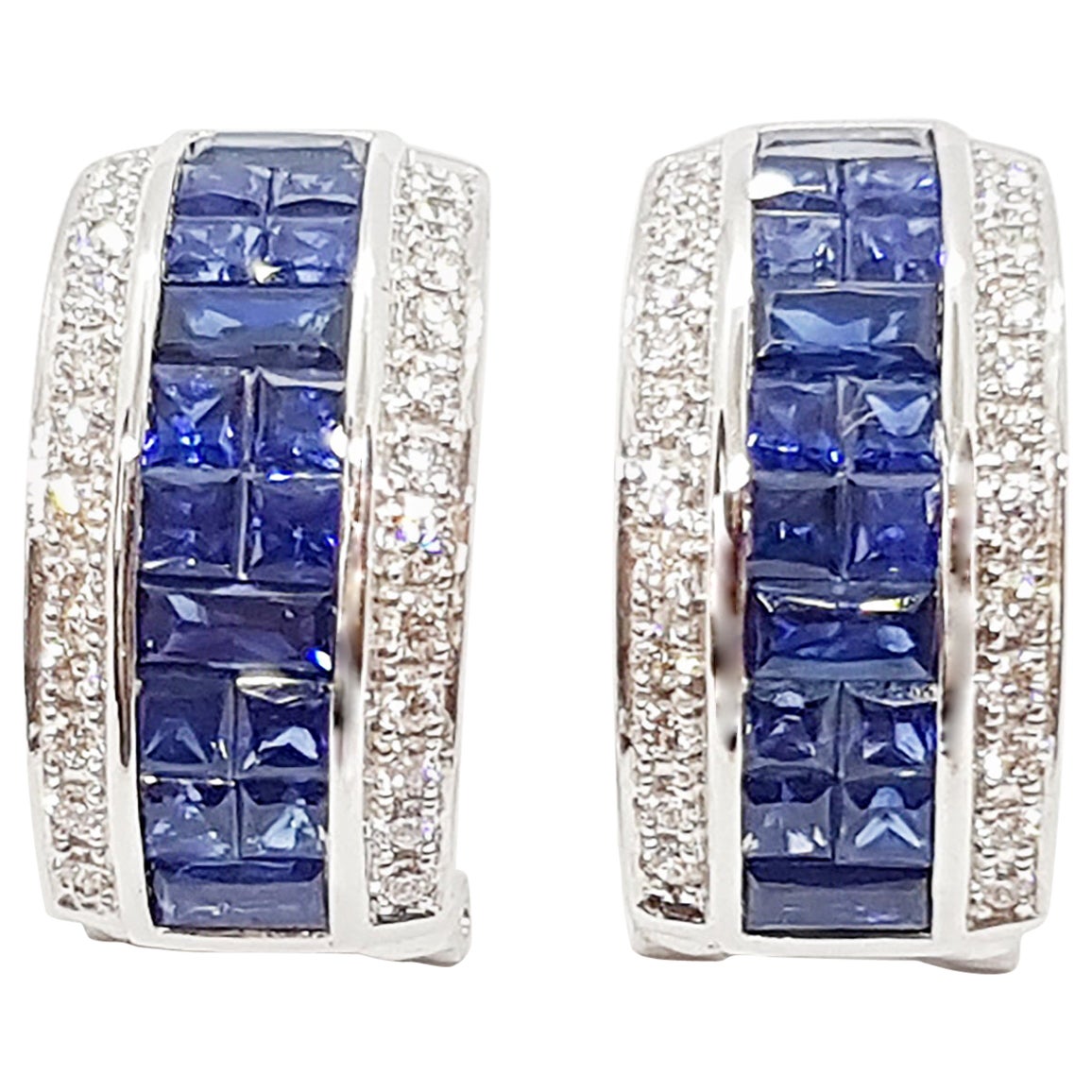 Blue Sapphire with Diamond Earrings Set in 18 Karat White Gold Settings