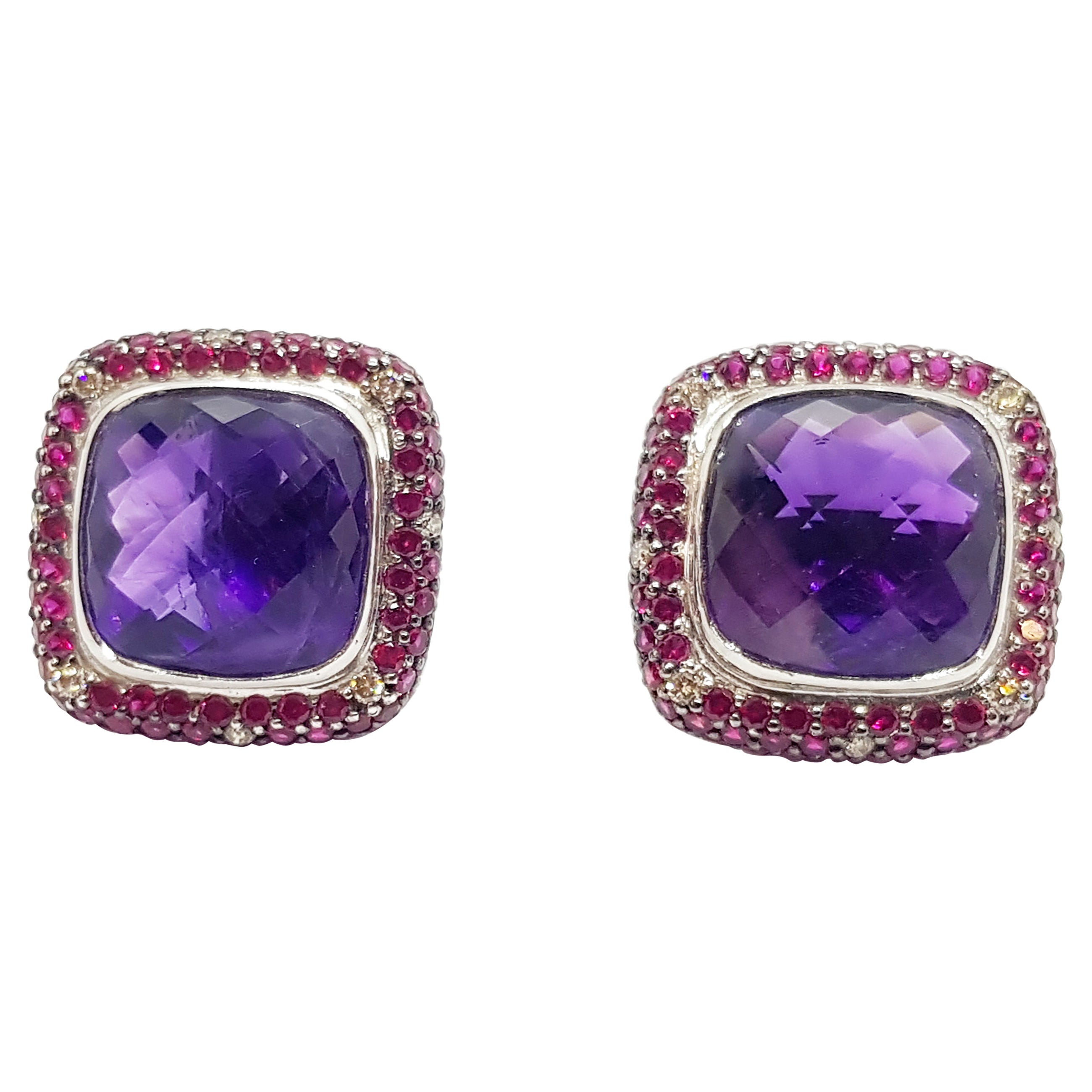 Amethyst with Ruby and Brown Diamond Earrings Set in 18 Karat White Gold Setting For Sale