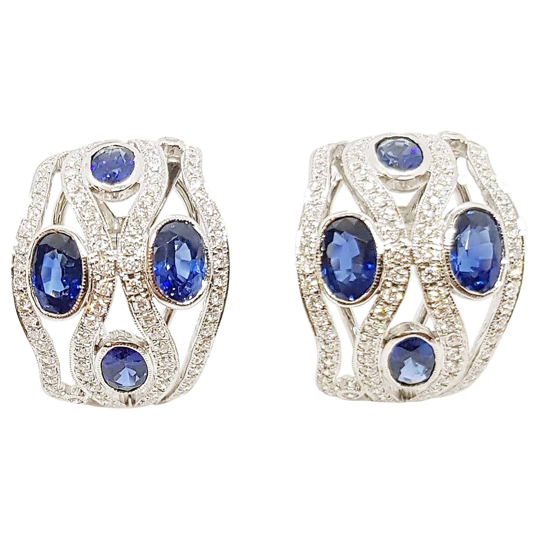 Blue Sapphire with Diamond Earrings Set in 18 Karat White Gold Settings For Sale