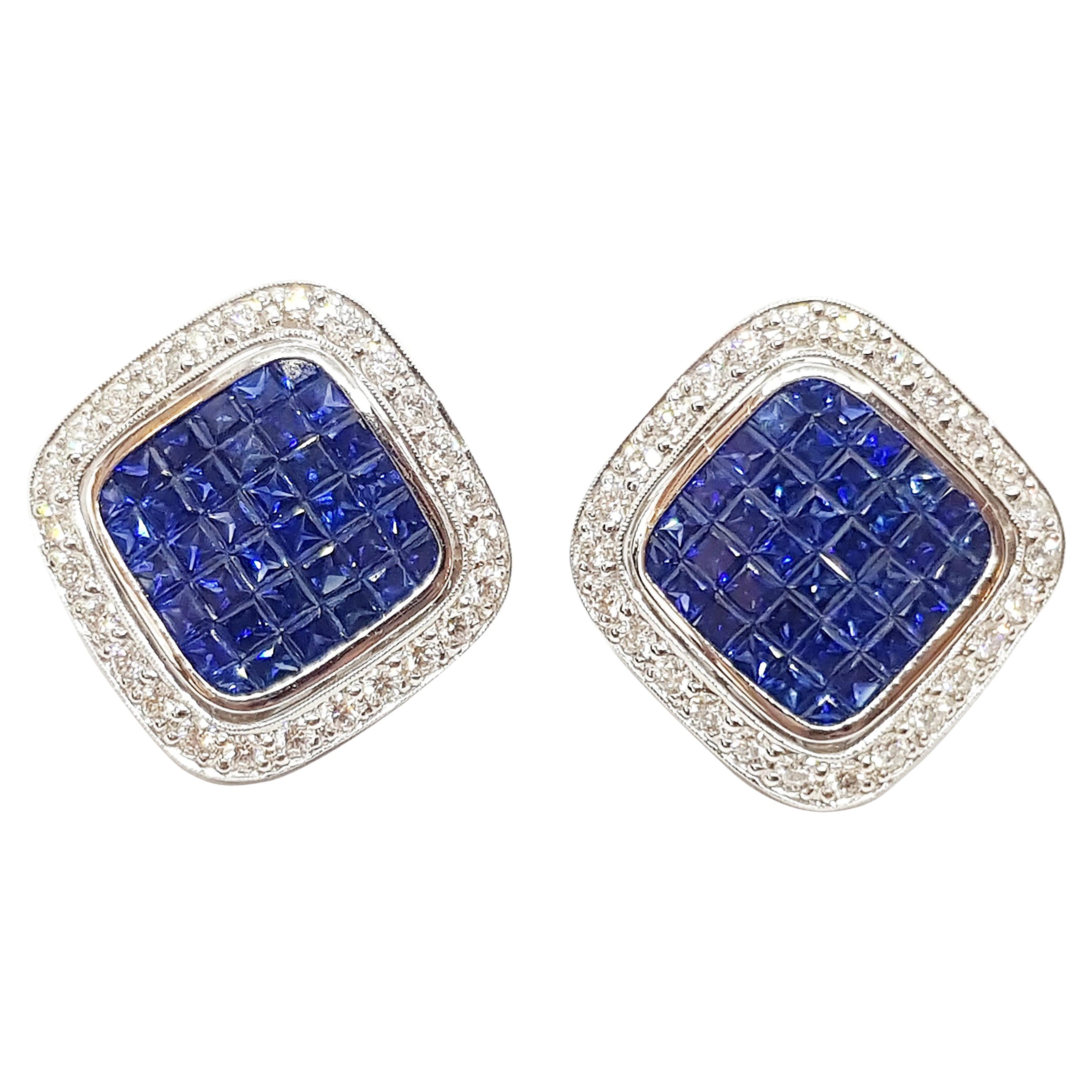 Blue Sapphire with Diamond Earrings Set in 18 Karat White Gold Settings For Sale