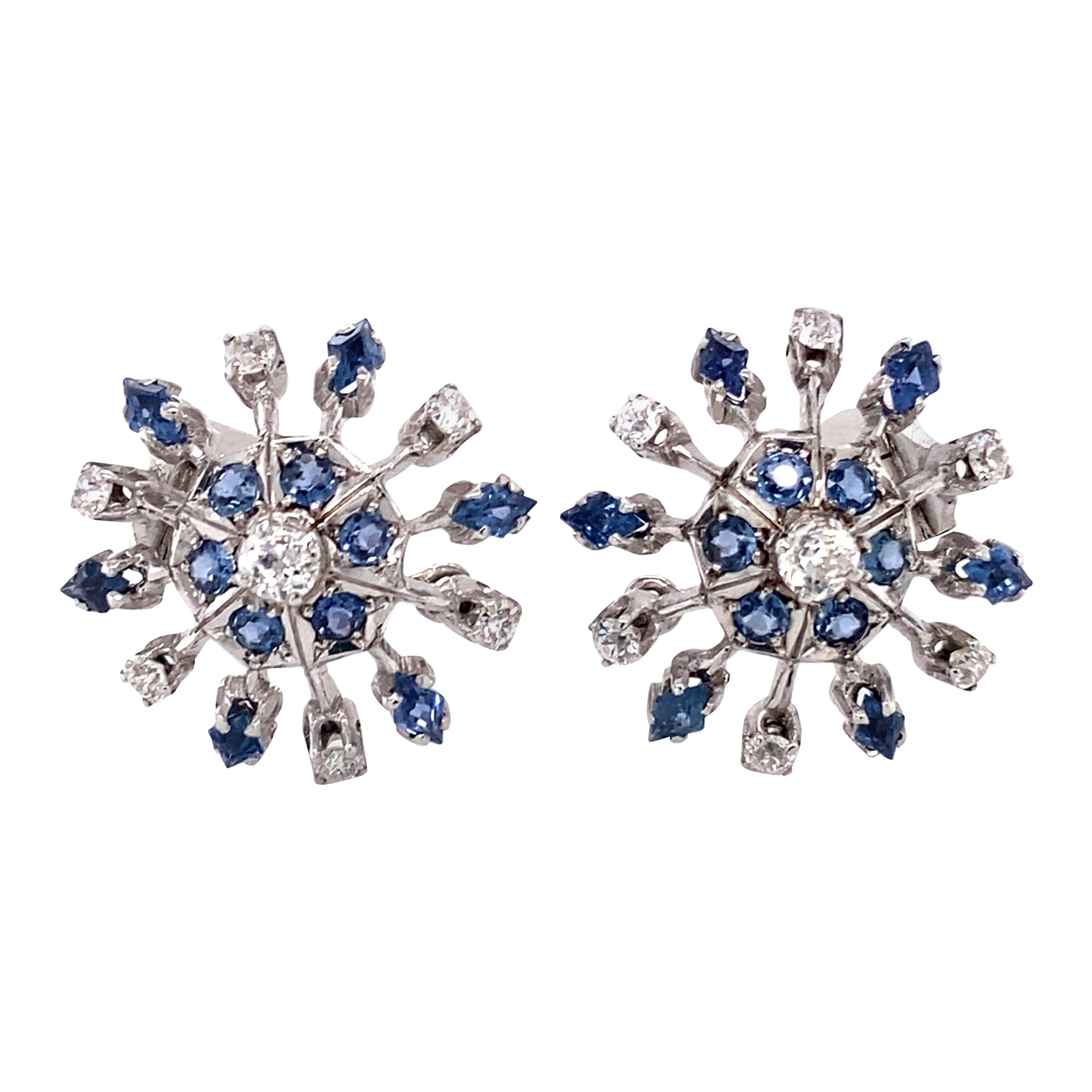 Circa 1920s 1.80 Carat Diamond and Sapphire Snowflake French Clip Earrings For Sale