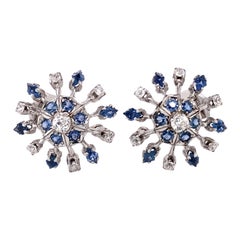 Antique Circa 1920s 1.80 Carat Diamond and Sapphire Snowflake French Clip Earrings