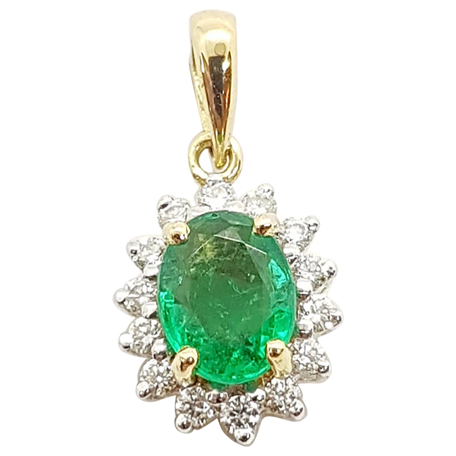 Emerald with Diamond Pendant Set in 18 Karat Gold Settings For Sale
